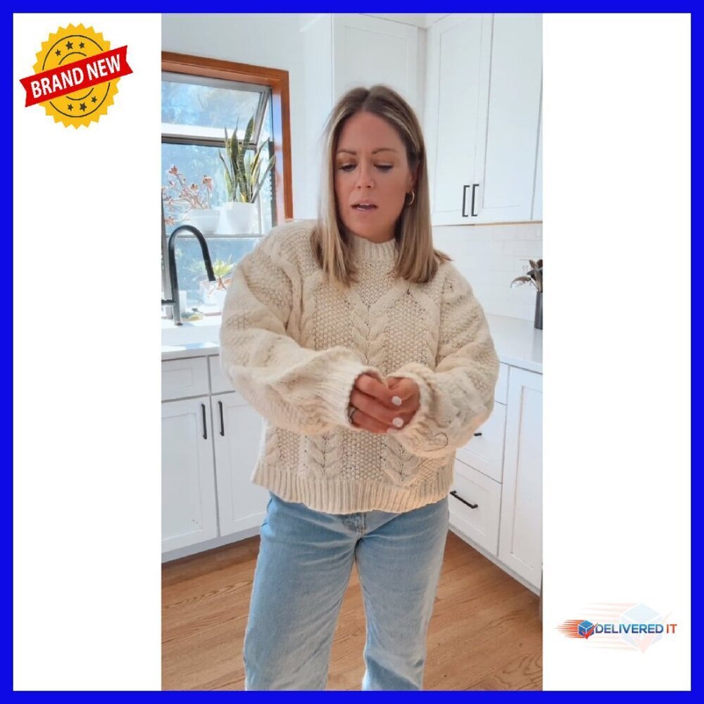 Chunky Cable Knit Cropped Sweater Loose Pullover Long Sleeve Crewneck - Picture 8 of 8